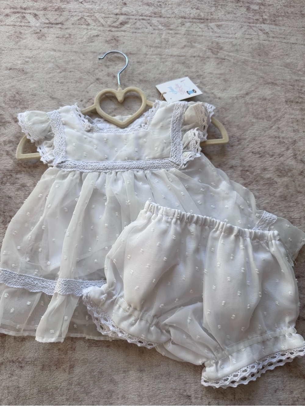 Baby Girls Cream Swiss Dot Dress & Bloomer Set